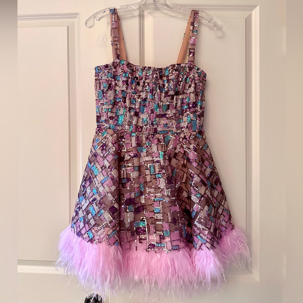 Bronx and Banco Sequin Mini Dress with Pink Feather Trim - Picture 2 of 6